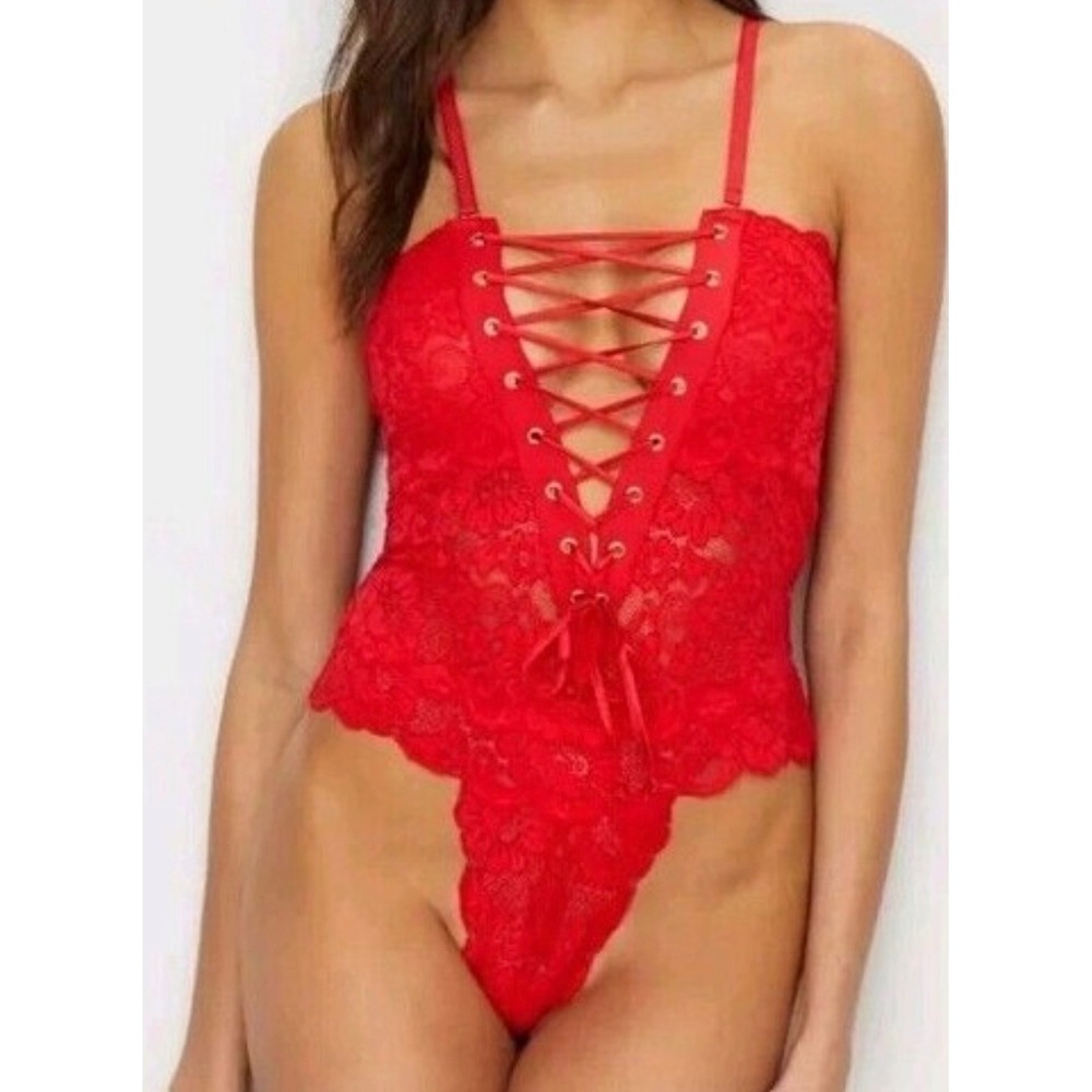NEW Spinster Bodysuit Red Floral Lace Reversible‎ Lace Up Lingerie XS